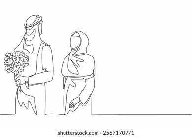 Single one line drawing husband brings a bouquet of flowers and hides it behind his back. A pleasant surprise for the wife. Love. Couple Appreciation Day. Continuous line design graphic illustration