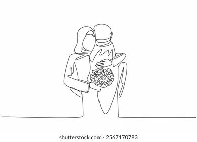 Single one line drawing husband and wife hugging with wife carry bouquet of flowers. Wife happy with little surprise. Rose of love. Couple Appreciation Day. Continuous line design graphic illustration