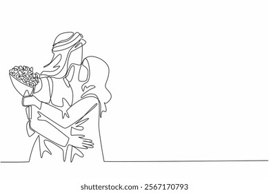 Single one line drawing husband kiss forehead of wife while wife holds bouquet of flowers. Expression of gratitude. Deepest thanks. Couple Appreciation Day. Continuous line design graphic illustration