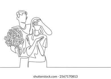 Single one line drawing husband stands behind his wife and covers her eyes with hands. Priceless appreciation. The beloved wife. Couple Appreciation Day. Continuous line design graphic illustration