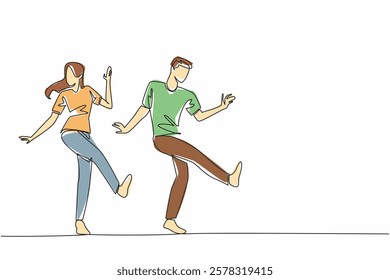 Single one line drawing husband and wife dancing. Like dancing ska. Following the trumpet beat. In rhythm. In tune. Pleasant. International Dance Day. Continuous line design graphic illustration