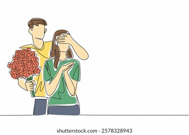 Single one line drawing husband stands behind his wife and covers her eyes with hands. Priceless appreciation. The beloved wife. Couple Appreciation Day. Continuous line design graphic illustration