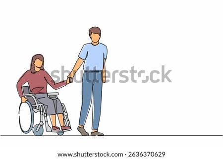 Single one line drawing husband walk the park with disabled wife, woman on wheelchair. Assistance in rehabilitation of disabled person. Lovely couple. Continuous line draw design vector illustration