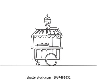 Single one line drawing of ice cream booth at amusement park using a two-wheeled cart with an ice cream logo. Sweet and very tasty food concept. Continuous line draw design graphic vector illustration
