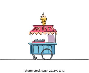 Single one line drawing ice cream booth at amusement park using two  wheeled cart and an ice cream logo  Sweet   very tasty food concept  Continuous line draw design graphic vector illustration