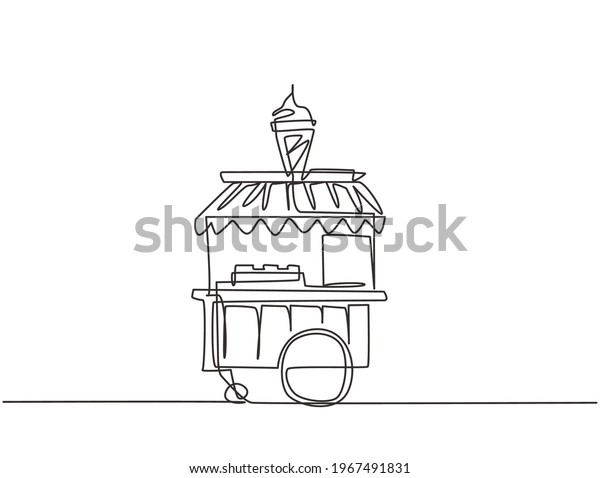 Single one line drawing of ice cream booth\
at amusement park using a two-wheeled cart with an ice cream logo.\
Sweet and very tasty food concept. Continuous line draw design\
graphic vector\
illustration