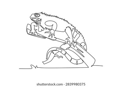 Single one line drawing iguana lizard resting along a tree branch with claws gripping the wood. Reptile wildlife, tropical nature, exotic fauna. Continuous line draw design graphic vector illustration