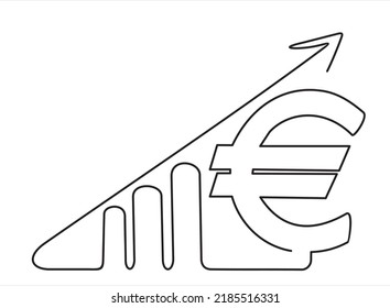 Single one line drawing of increasing up arrows bar graph sign and euro sign. Business financial sales market growth performance minimal concept. One continuous line draw vector illustration