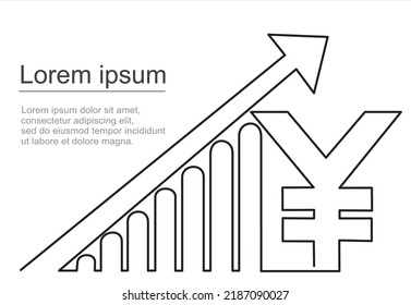 Single one line drawing of increasing up arrows bar graph sign and Chinese yuan sign. Business financial sales market growth performance minimal concept. One continuous line draw vector illustration