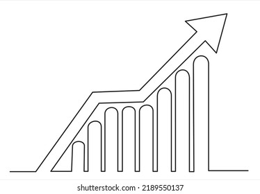 Single one line drawing of increasing up arrows bar graph sign. Business financial sales market growth performance minimal concept. Modern continuous line draw design graphic vector illustration