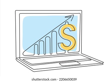 Einzeilige Zeichnung der aufsteigenden Pfeile Graph-Zeichen und Dollar-Zeichen auf Bildschirm-Laptop. Business Financial Sales Markt Wachstum Performance minimales Konzept. Eine durchgehende Linie ziehen.