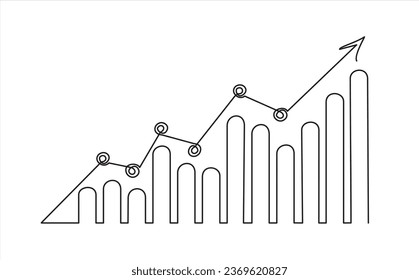 Single one line drawing of increasing up arrows bar graph sign. Business financial sales market growth performance minimal concept. Modern continuous line draw design graphic vector illustration