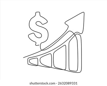 Um único desenho de uma linha de aumentar o sinal de gráfico de barra de setas para cima e sinal de dólar. Conceito mínimo de crescimento do mercado de vendas financeiras de negócios. ilustração de vetor de desenho de linha contínua.Editável 