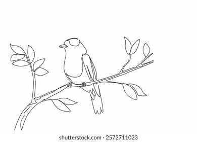 Single one line drawing indian roller bird perched on tree branch with leaves. The bright one who is good at aerobatics. International Dawn Chorus Day. Continuous line design graphic illustration