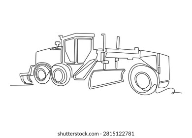 Single one line drawing industrial motor grader vehicle. Mechanical parts and massive wheels for road construction and mining site preparation. Continuous line draw design graphic vector illustration
