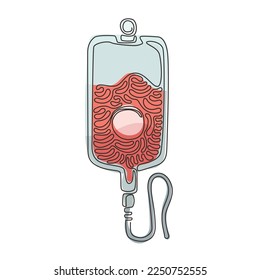 Icono de infusión de un solo dibujo de una línea. Bolsa de sangre. Icono de bolsa IV. Ilustración del catéter. Símbolo de medicina y salud. Icono de la clínica de contorno. Estilo de rizo giratorio. Vector gráfico de diseño de trazos de línea continua