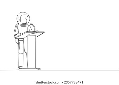 Single one line drawing inspirational astronaut give a speech at the podium. Convey tips for success in doing business by continuing to preserve nature. Continuous line design graphic illustration