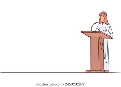 Eine Zeile zieht einen inspirierenden arabischen Geschäftsmann, der auf dem Podium spricht. Vermitteln Sie Tipps für den Erfolg in der Geschäftstätigkeit, indem Sie die Natur weiterhin erhalten. grafische Darstellung der durchgehenden Linie