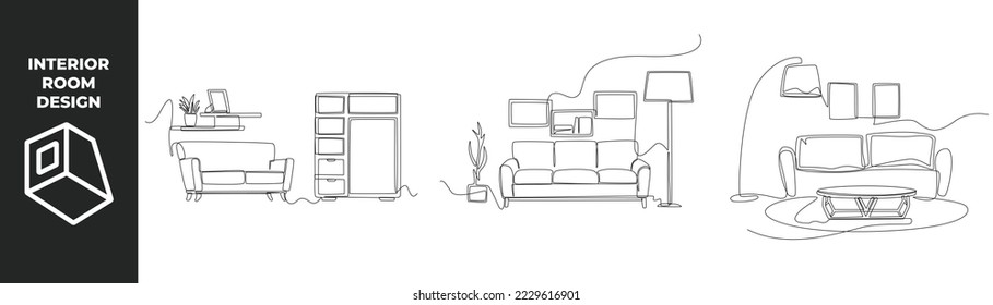 Single one line drawing interior room concept. Living room set with furniture. Comfortable sofa, book case, house plants and Decor accessories. Continuous line draw design graphic vector illustration.