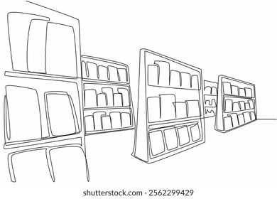 Single one line drawing the interior of the bookstore consists of several shelves. Premium bookstore. Complete number of books. Independent Bookstore Day. Continuous line design graphic illustration