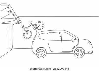 Single one line drawing the interior of the garage with cars and bikes hanging on the wall. Neatness for ease. Keep fit by cycling. National Garage Day. Continuous line design graphic illustration