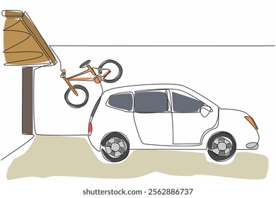 Single one line drawing the interior of the garage with cars and bikes hanging on the wall. Neatness for ease. Keep fit by cycling. National Garage Day. Continuous line design graphic illustration