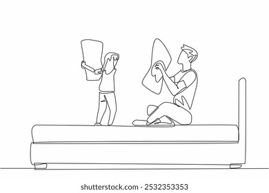 Single one line drawing International daughter standing and father in pajamas sitting on bed. Holding a pillow to prepare for war. Bond. Pillow Fight Day. Continuous line design graphic illustration