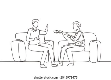 Single one line drawing Interview with famous person. Television or internet broadcast where a journalist talks to a celebrity. Journalist, interviewer. Continuous line draw design vector illustration