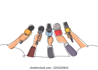 Single one line drawing interview concept with microphones on white background. Newsmakers and interviewers. Different tv signs. Hands holding devices. Continuous line draw design graphic vector