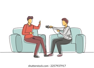 Single one line drawing Interview with famous person. Television or internet broadcast where a journalist talks to a celebrity. Journalist, interviewer. Continuous line draw design vector illustration