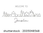 Single one line drawing Jerusalem city skyline, Palestine. Famous holy city for wall decor print. World travel concept. Editable stroke modern continuous line draw design graphic vector illustration