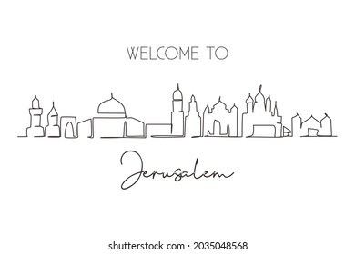 Single one line drawing Jerusalem city skyline, Palestine. Famous holy city for wall decor print. World travel concept. Editable stroke modern continuous line draw design graphic vector illustration