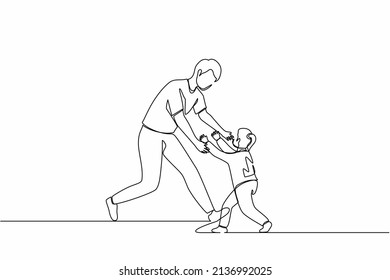 Single one line drawing joyful little daughter running to dad for family hug. Happy little girl meeting man with love. Family, Fathers day, childhood concept. Continuous line design graphic vector