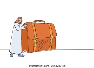 Single one line drawing joyful Arabian businessman hugs suitcase with money. Boss and case with cash. Successful business pleasure goal. Modern continuous line draw design graphic vector illustration