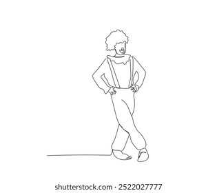 Single one line drawing of a joyful clown. A cute man in a suit and makeup for a holiday for children. Joker in a suit and wig. Hand made vector not AI.