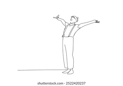 Single one line drawing of a joyful clown. A cute man in a suit and makeup for a holiday for children. Joker in a suit and wig. Hand made vector not AI.