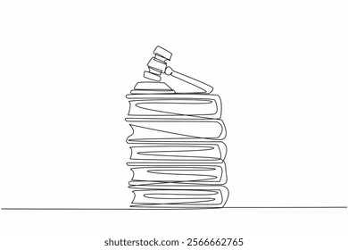 Single one line drawing judge gavel on top of 5 stacks of thick books. The case file is ready. The lawsuit will arrive at the right time. Verdict. Law Day. Continuous line design graphic illustration