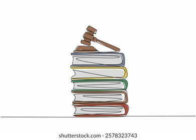 Single one line drawing judge gavel on top of 5 stacks of thick books. The case file is ready. The lawsuit will arrive at the right time. Verdict. Law Day. Continuous line design graphic illustration