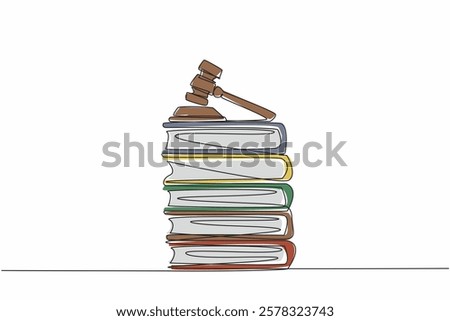 Single one line drawing judge gavel on top of 5 stacks of thick books. The case file is ready. The lawsuit will arrive at the right time. Verdict. Law Day. Continuous line design graphic illustration