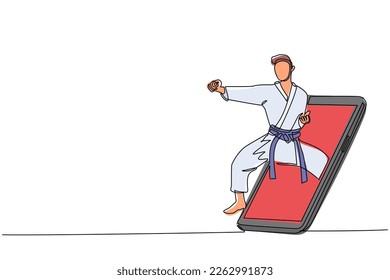 Una sola línea dibujando el tren de karateka con una pose para el duelo luchando saliendo de la pantalla del smartphone. Aplicación móvil del juego de karate en línea. Ilustración gráfica de diseño de trazos de línea continua