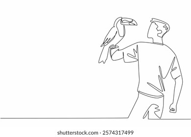 Single one line drawing keel billed toucan perched on hand of man. This species is found in tropical forests. Eat insects or fruit. Pets. Man Holding Bird. Continuous line design graphic illustration