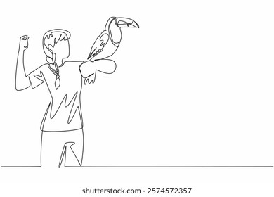 Single one line drawing keel billed toucan perched on hand of woman. Very social bird and lives in small groups. Population decreasing. Woman Holding Bird. Continuous line design graphic illustration