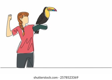 Single one line drawing keel billed toucan perched on hand of woman. Very social bird and lives in small groups. Population decreasing. Woman Holding Bird. Continuous line design graphic illustration