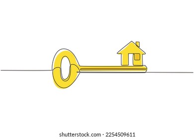 Single one line drawing key and house shape  Home security key house logo design  Real Estate concept  template for sales  rental  advertising  Continuous line draw design graphic vector illustration