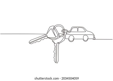 Single one line drawing keys with car shaped key holders. Keychain with key ring, two keys and pendant car locket. Keychain with car with locket vector icon. Continuous line draw design graphic vector