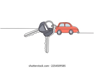Teclas de dibujo de una sola línea con portallaves en forma de coche. Cadena de llaves con llavero, dos llaves y cajón de coche pendiente. Cadena de teclas con el icono de vectores de locket. Vector gráfico de diseño de trazos de línea continua