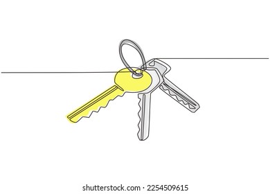 Single one line drawing keys on white background. House apartment rental for sale concept. Concept of privacy, security and protection. Modern continuous line draw design graphic vector illustration