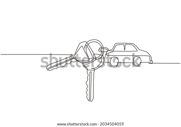Single one line drawing keys with car shaped key\
holders. Keychain with key ring, two keys and pendant car locket.\
Keychain with car with locket vector icon. Continuous line draw\
design graphic vector