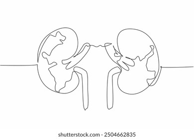 Una sola línea dibujando los riñones con el contorno de la tierra. Debería haber más preocupación por la salud renal. Prevenir es mejor que curar. Día Mundial del Riñón. Ilustración gráfica de diseño de línea continua