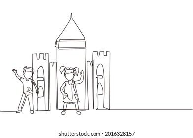 Single one line drawing kids with cardboard castle for school play. Cheerful children playing in castle made of cardboard boxes. Creative kid playing castle. Continuous line draw design graphic vector